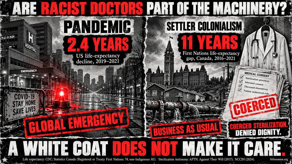 Editorial poster contrasting a 2.4-year pandemic-era decline with an eleven-year First Nations gap, and questioning medical racism.